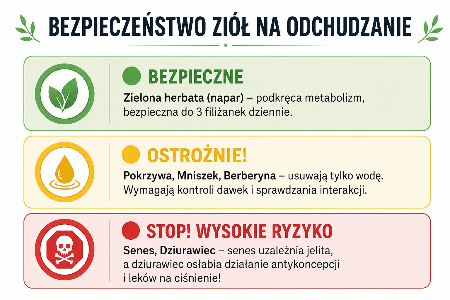 Infografika edukacyjna przedstawiająca bezpieczeństwo ziół na odchudzanie z podziałem na zieloną herbatę, zioła moczopędne oraz senes i dziurawiec wchodzące w interakcje z lekami