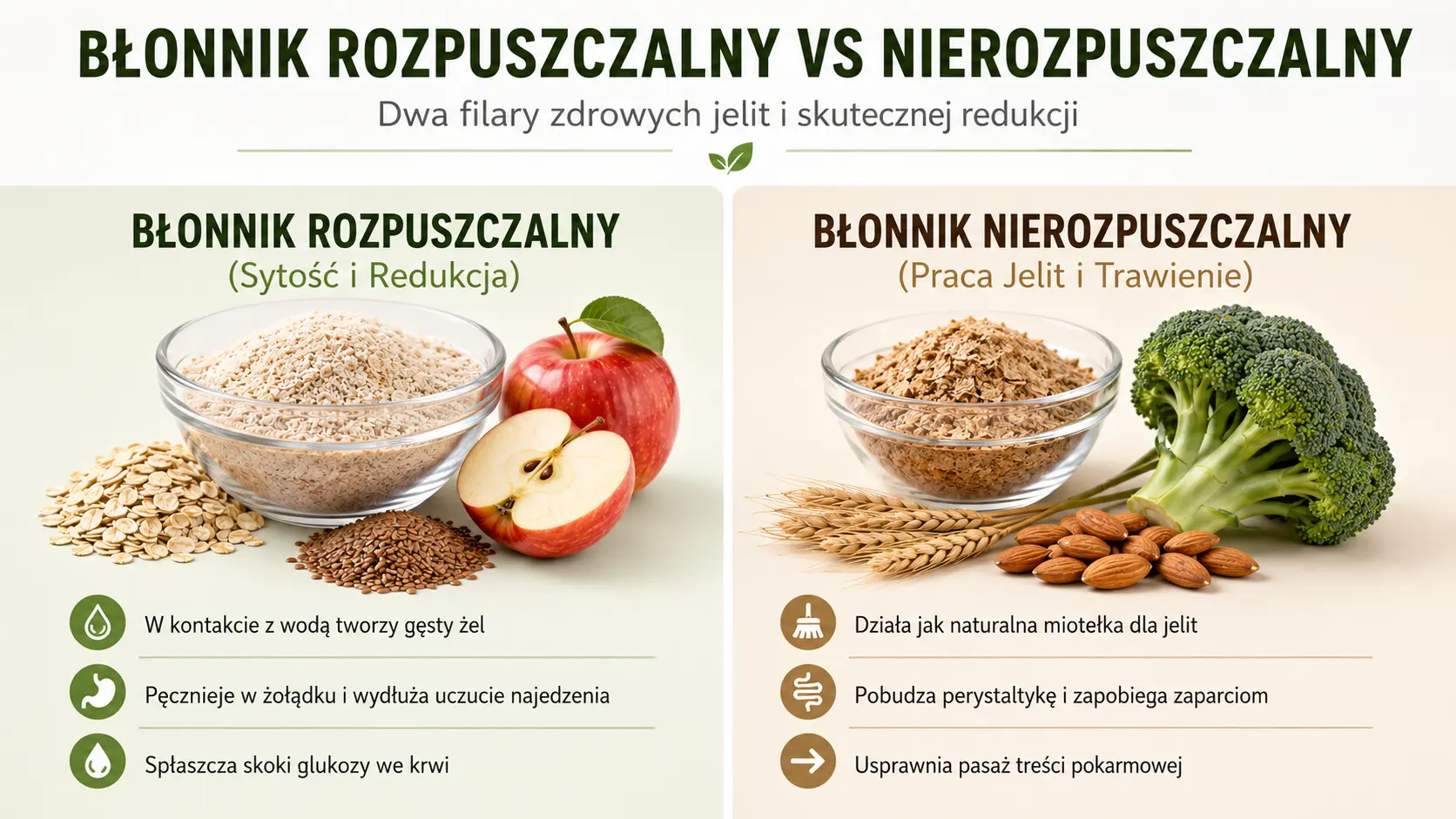 Infografika porównująca błonnik rozpuszczalny i nierozpuszczalny – działanie na odchudzanie i źródła w diecie.