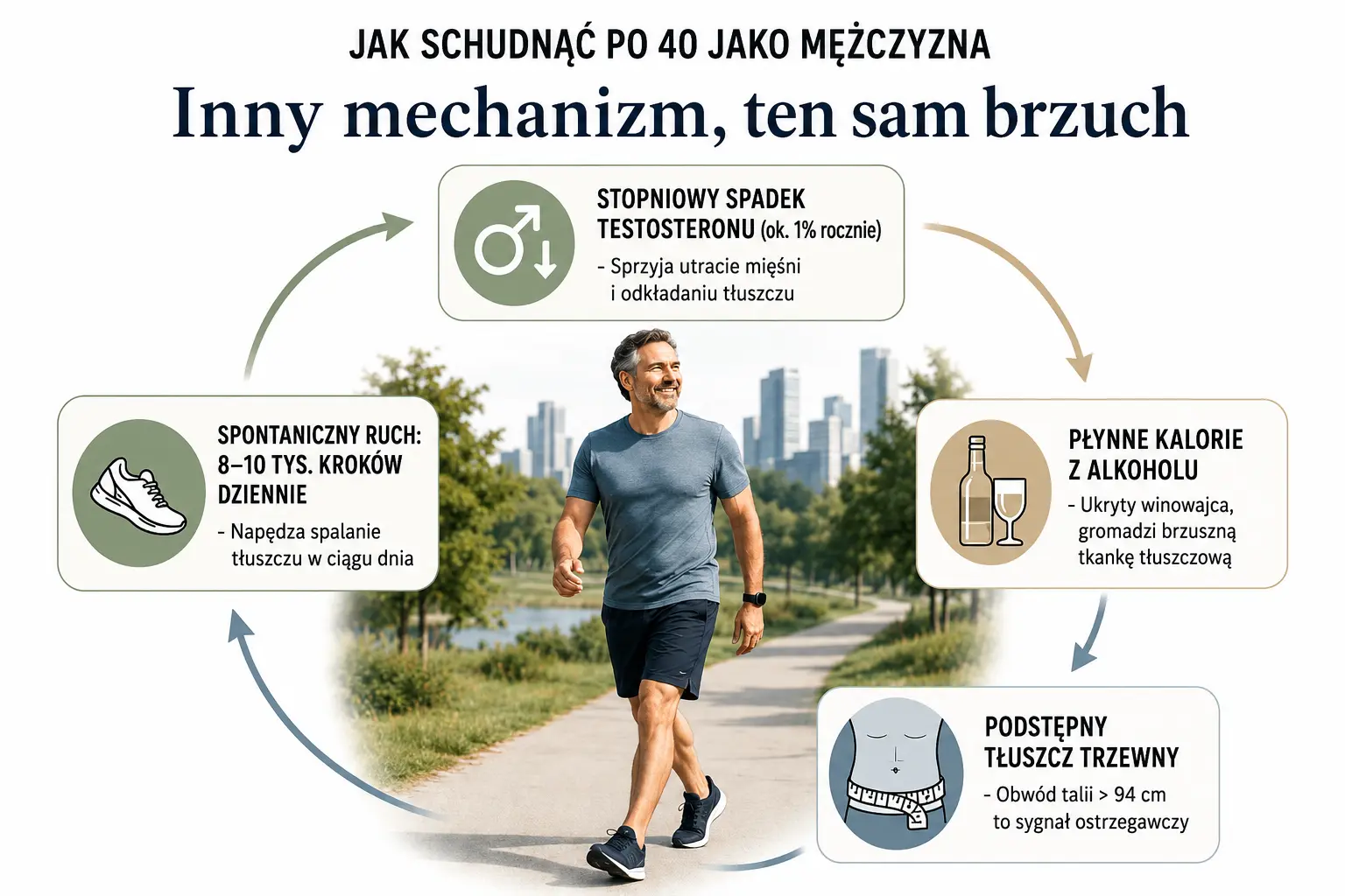 Schemat graficzny przedstawiający wyzwania odchudzania u mężczyzn po 40. roku życia.