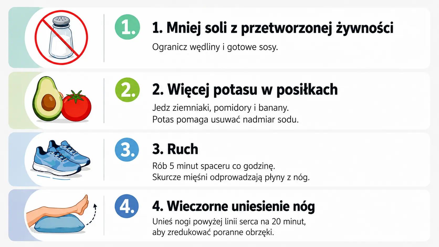 Infografika przedstawiająca 4 sposoby na zatrzymywanie wody w organizmie ograniczenie soli, potas w diecie, ruch i uniesienie nóg.