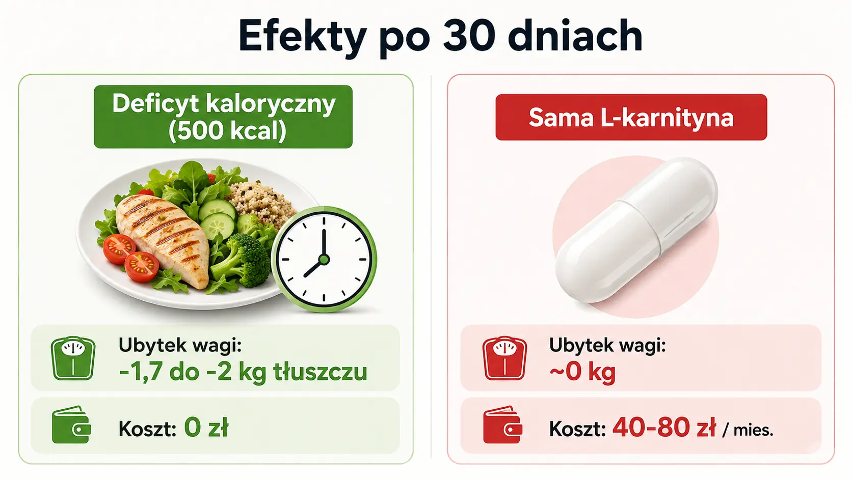 Infografika porównująca deficyt kaloryczny i suplementację L-karnityną pod względem utraty masy ciała oraz kosztów po 30 dniach