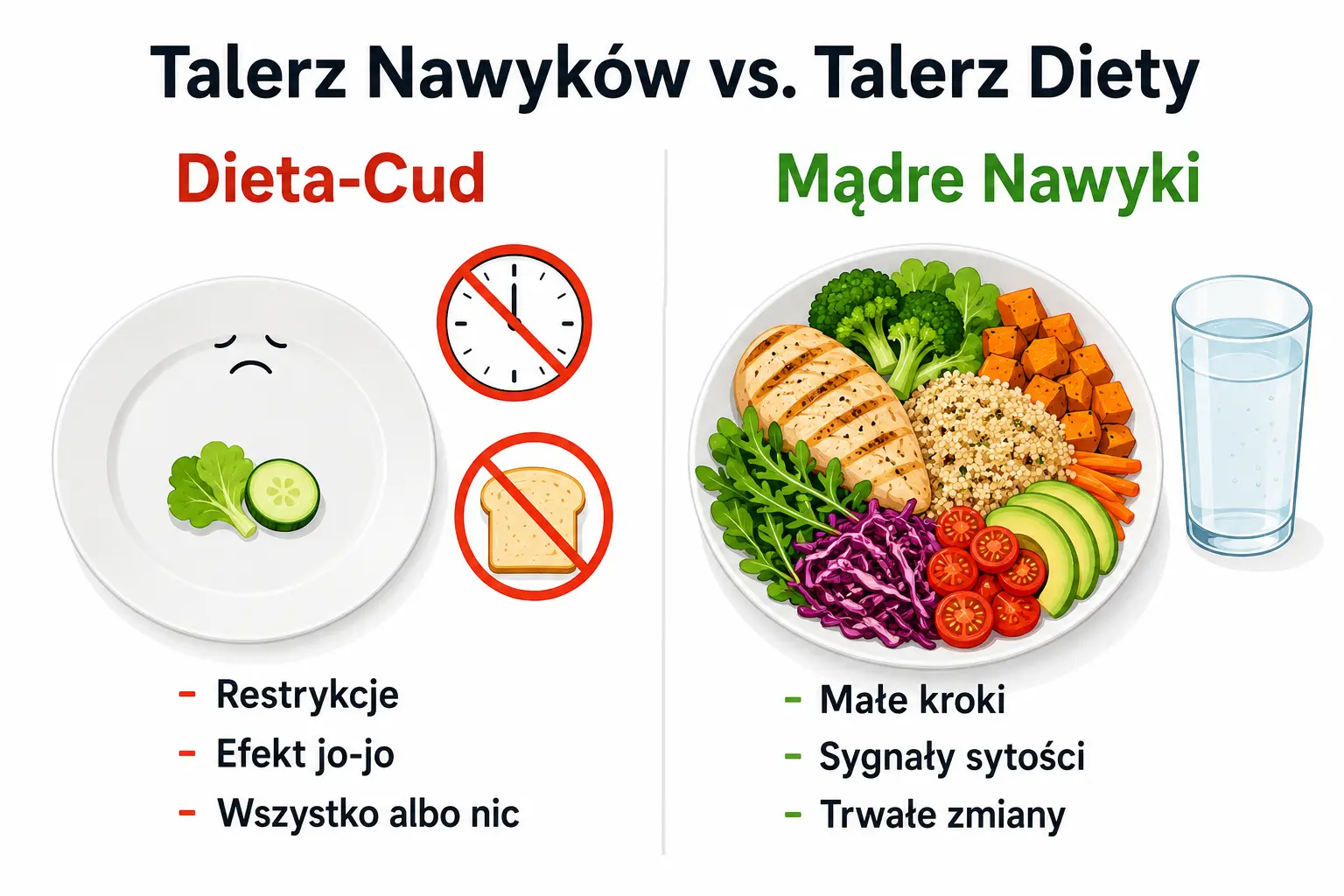 Infografika porównująca podejście „Dieta-Cud” oraz „Mądre Nawyki”. Po lewej stronie ukazano restrykcyjne odchudzanie i efekt jo-jo, po prawej zbilansowany talerz, małe kroki i trwałe zmiany.