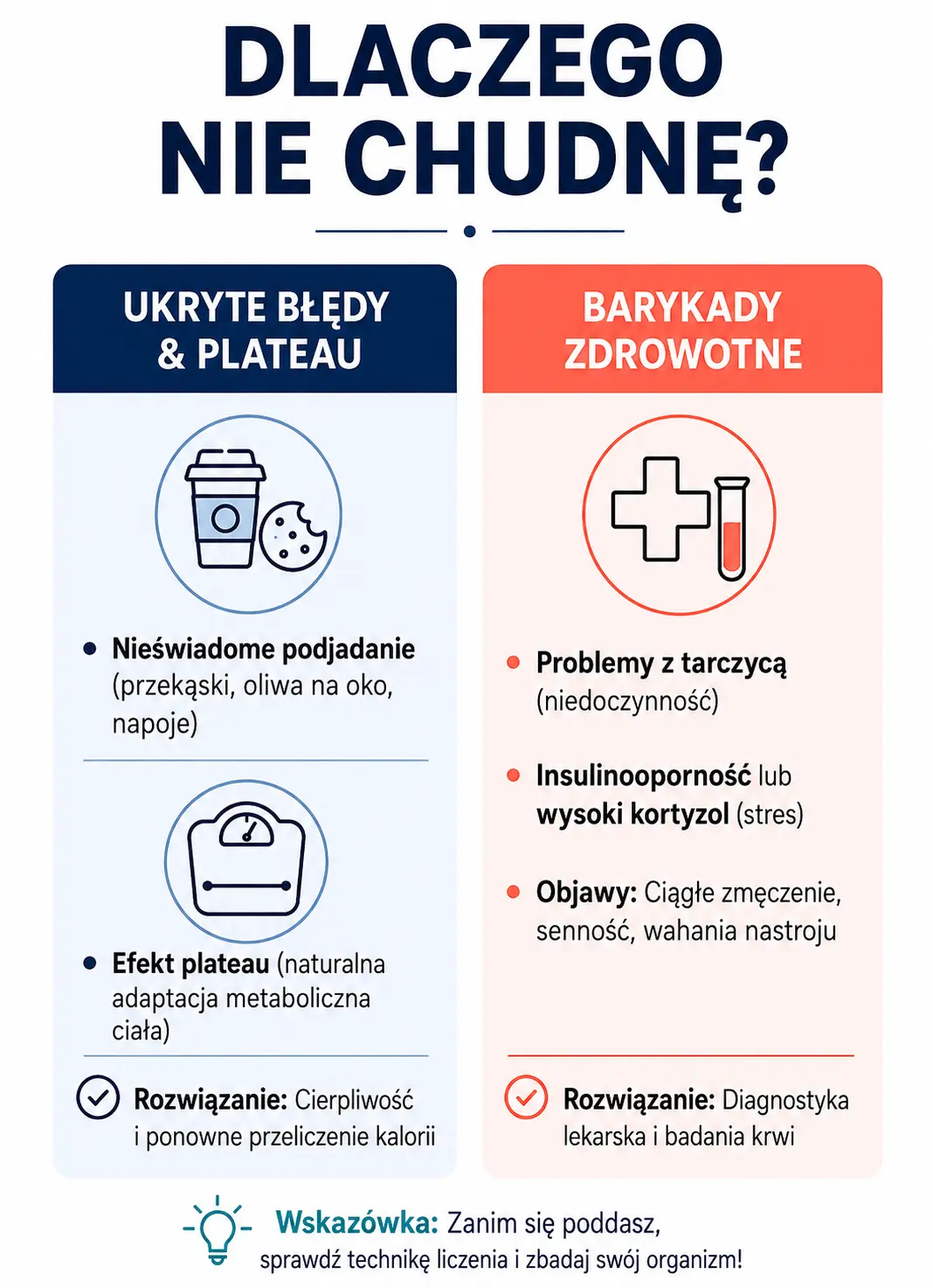 Edukacyjna infografika „Dlaczego nie chudnę?”, przedstawiająca błędy w diecie oraz blokady zdrowotne utrudniające odchudzanie.