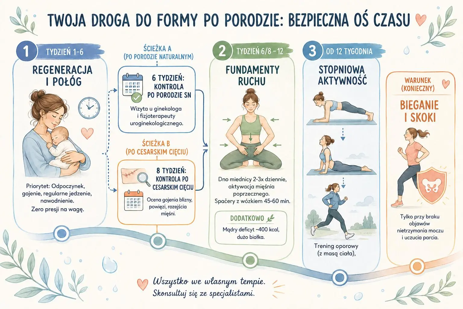 Infografika przedstawiająca bezpieczną oś czasu i etapy powrotu do formy po porodzie: od regeneracji w połogu, przez konsultację uroginekologiczną, po bezpieczne ćwiczenia.