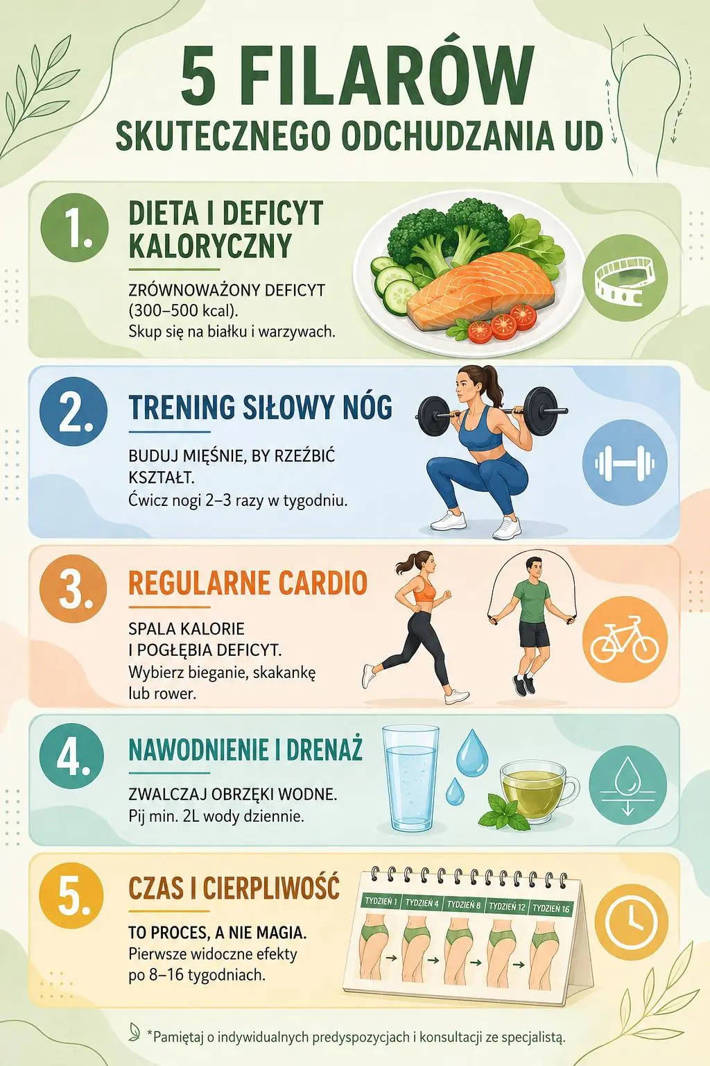 Infografika „5 filarów skutecznego odchudzania ud” pokazująca, jak schudnąć z ud dzięki diecie z deficytem kalorycznym, treningowi siłowemu, cardio, nawodnieniu i systematyczności.