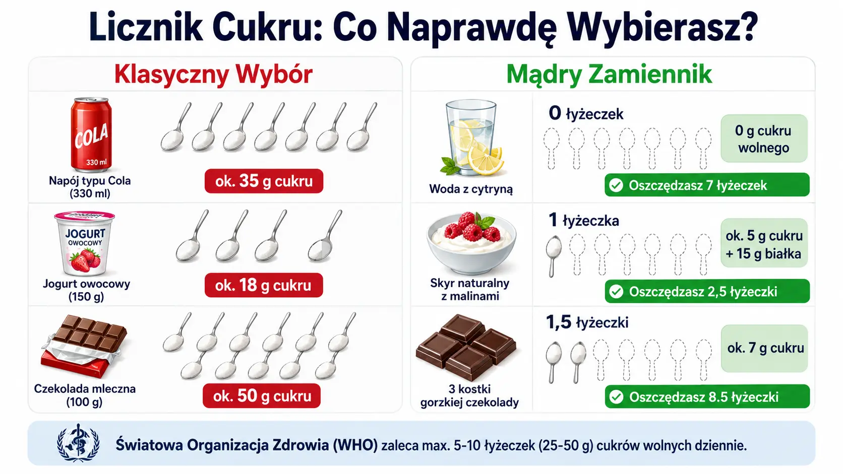Infografika „Licznik Cukru” porównująca zawartość cukru w popularnych przekąskach i ich zdrowych zamiennikach, takich jak woda z cytryną czy skyr.