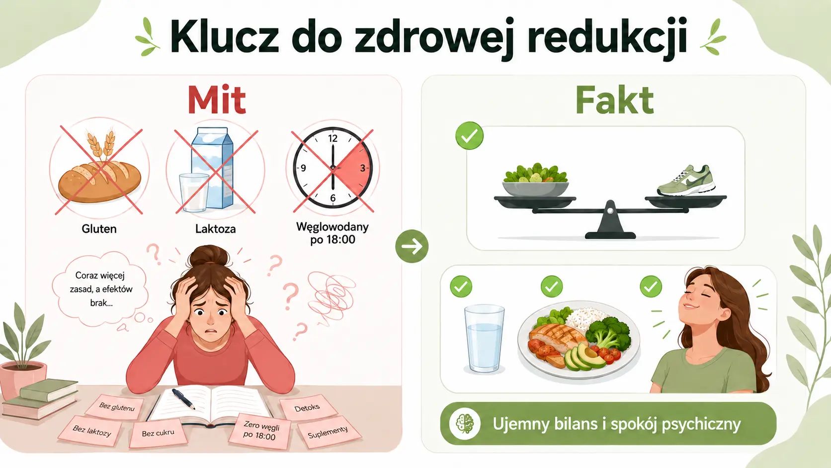 Infografika: mity dietetyczne (gluten, laktoza, węglowodany po 18) vs fakty – bilans kalorii i zdrowa redukcja.