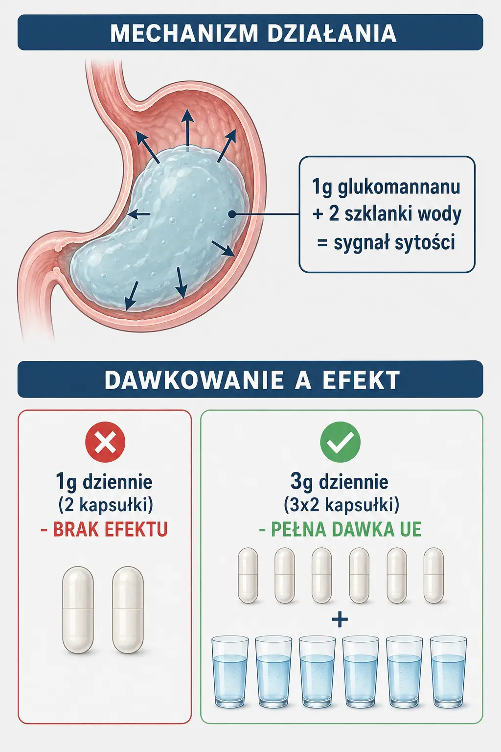 mechanizm działania glukomannanu w żołądku oraz porównanie dawkowania 1 g dziennie bez efektu kontra 3 g dziennie z pełną dawką UE i 6 szklankami wody.