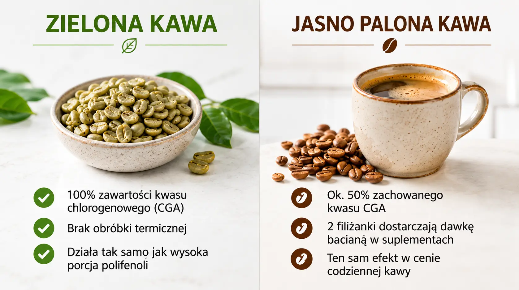 Porównanie zawartości kwasu chlorogenowego w zielonej i jasno palonej kawie – infografika o wpływie na odchudzanie.
