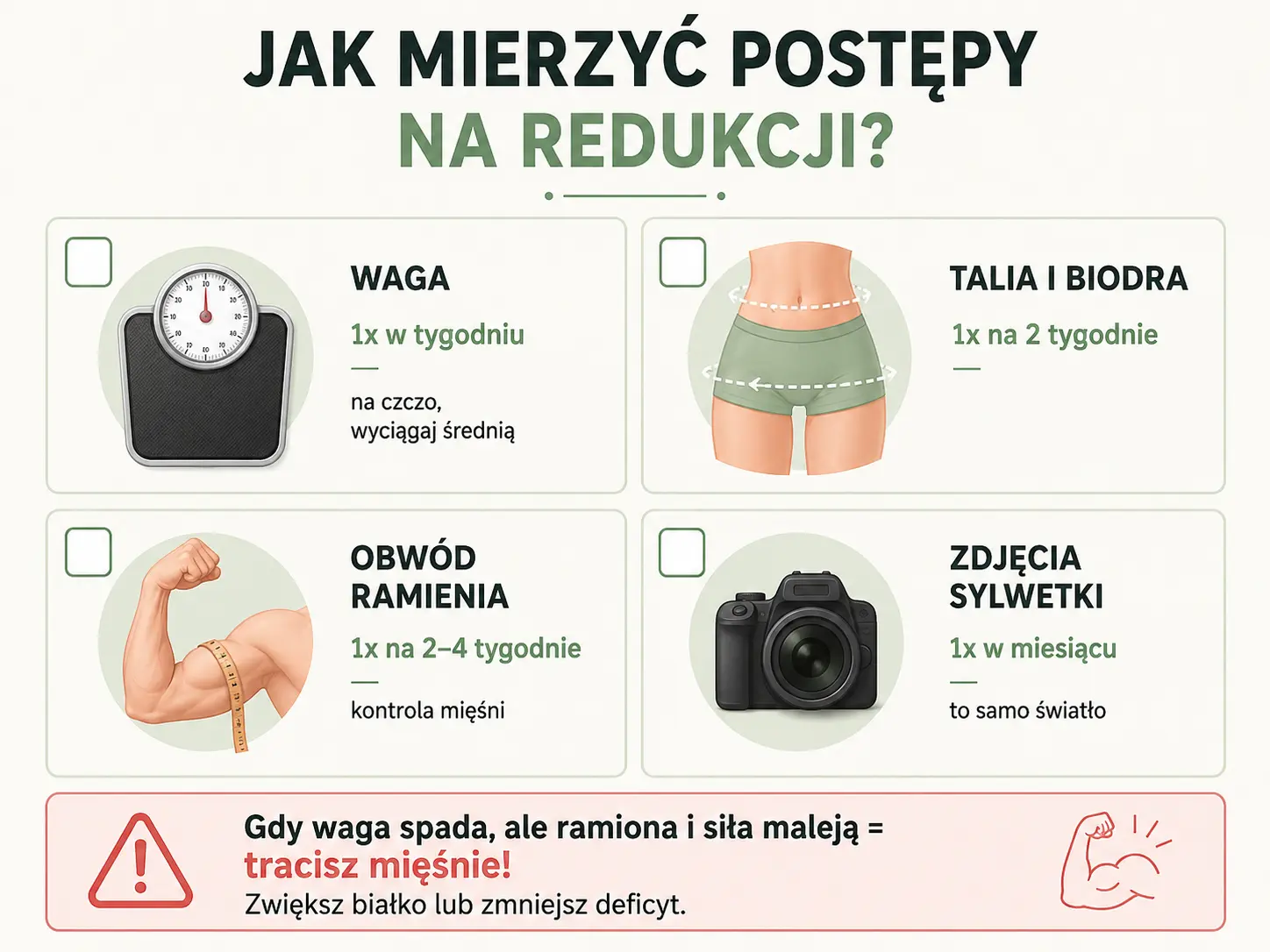 Jak mierzyć postępy na redukcji – infografika z wagą, pomiarem talii i bioder, obwodem ramienia oraz zdjęciami sylwetki.