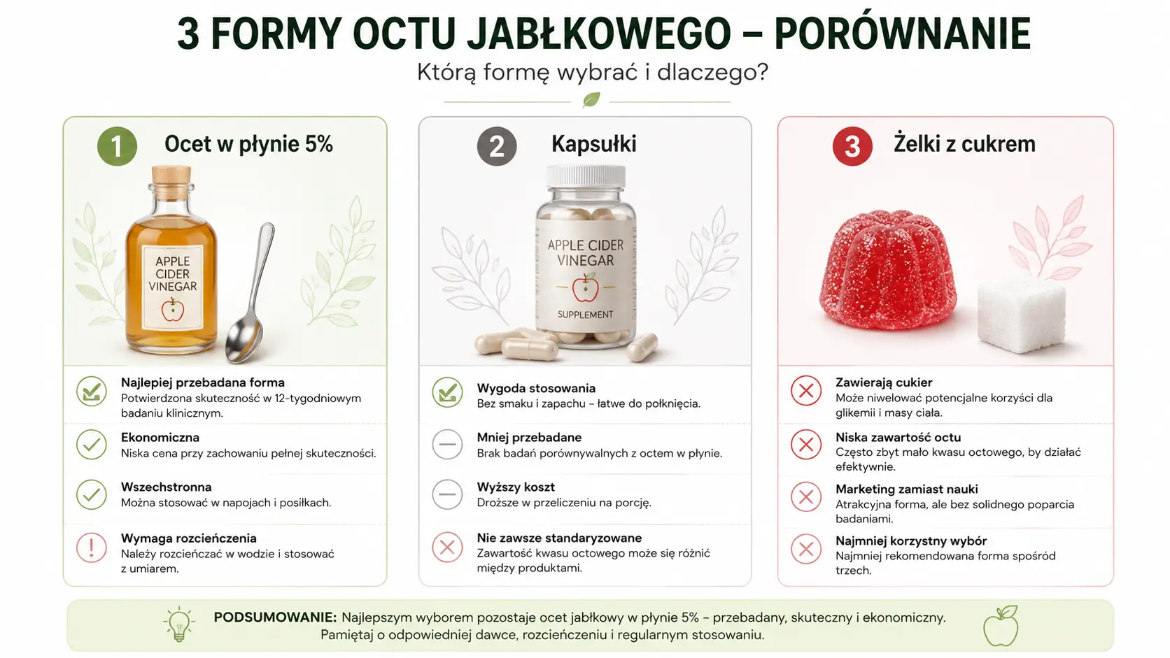 Schemat dawkowania i wykres efektywności picia octu jabłkowego na odchudzanie
