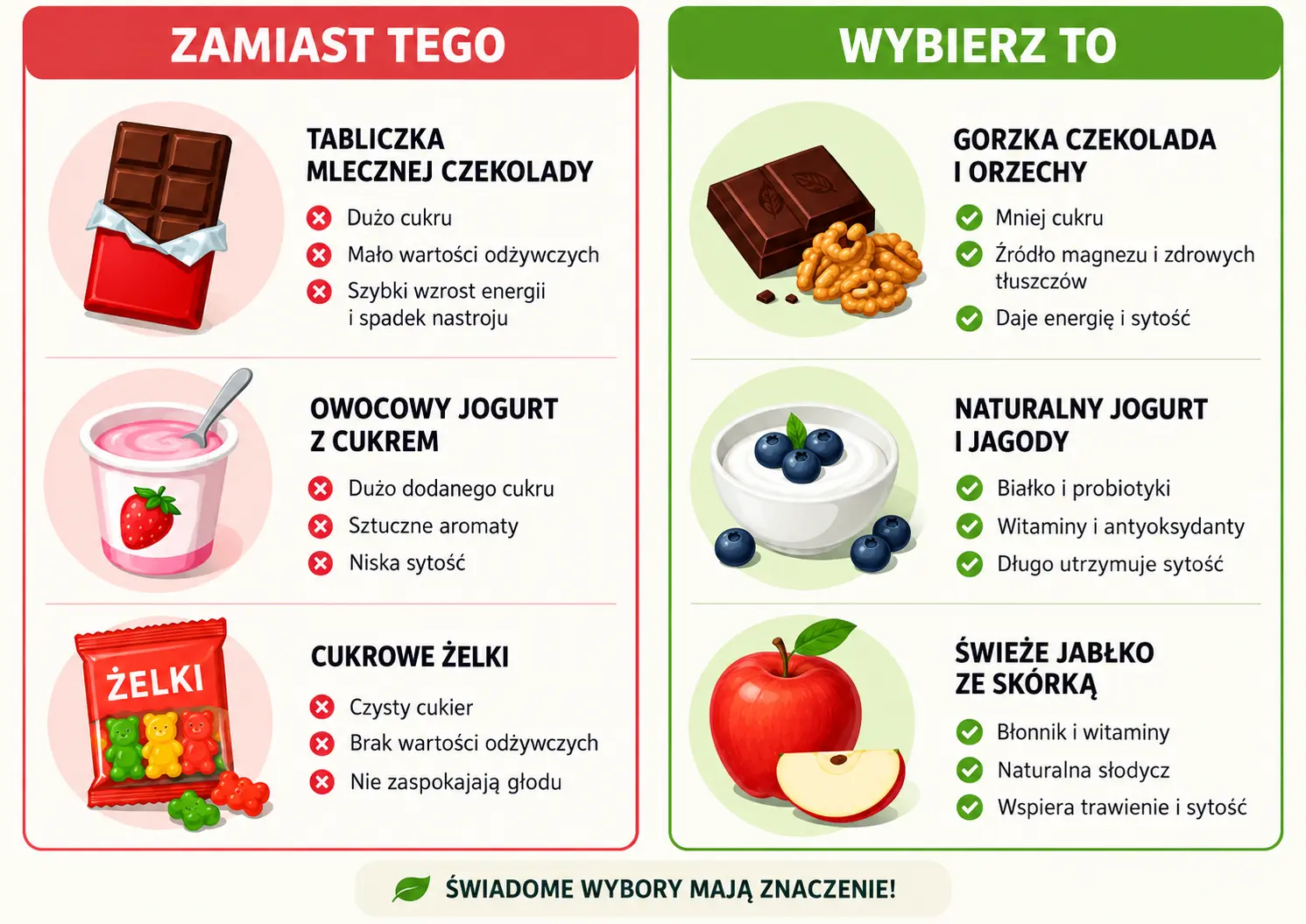 Infografika porównująca słodkie przekąski z ich zdrowszymi zamiennikami – mleczną czekoladę z gorzką czekoladą i orzechami, słodzony jogurt z jogurtem naturalnym i jagodami oraz żelki ze świeżym jabłkiem.